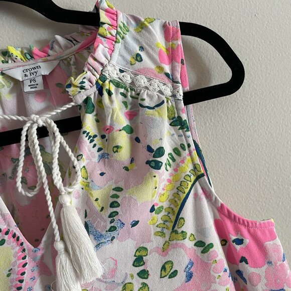 Crown & Ivy Womn PS Paisley Floral Preppy Crochet Tassel Sleeveless Ruffle Dress - Picture 4 of 7